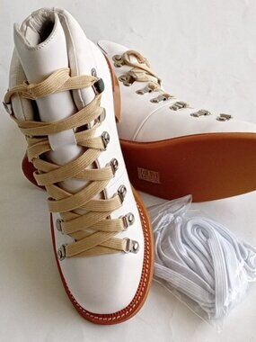 Jeffrey Campbell White Leather Hiking Women's Ankle Boots with Tan Laces 8.5 M